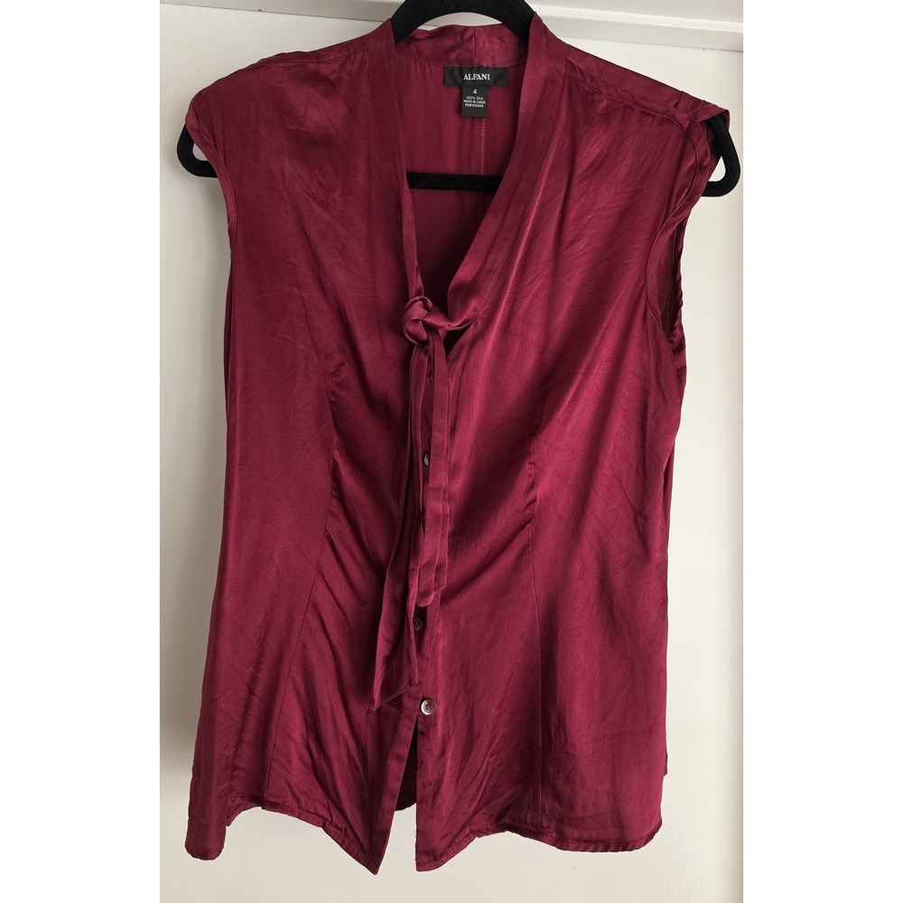 Alfani Womens Size 4 Sleeveless Silk Blouse Burgundy Solid Collared Top Shirt
